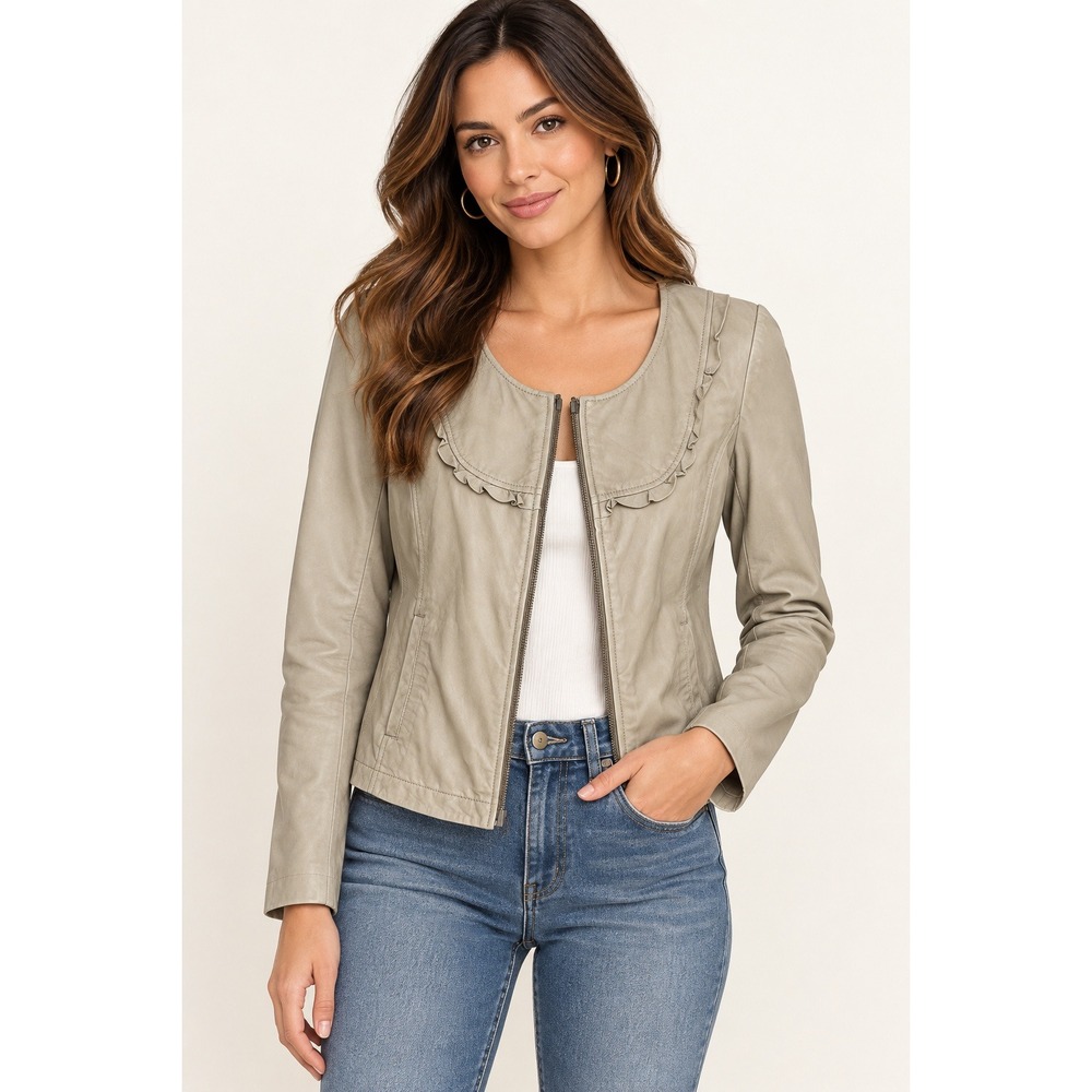 Hinge Soft Leather Jacket Ruffle Trim Zip Front Cropped Coquette Romantic Boho M